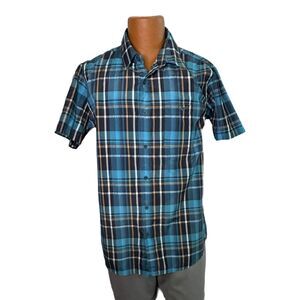 Bold Blue Short-Sleeve Blue Plaid Button Down Shirt, XL
